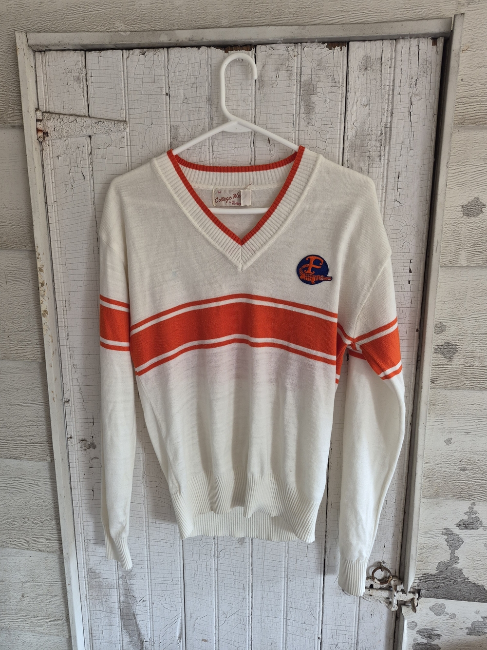Vintage Retro College Wear V-Neck Sweater with Orange Stripes